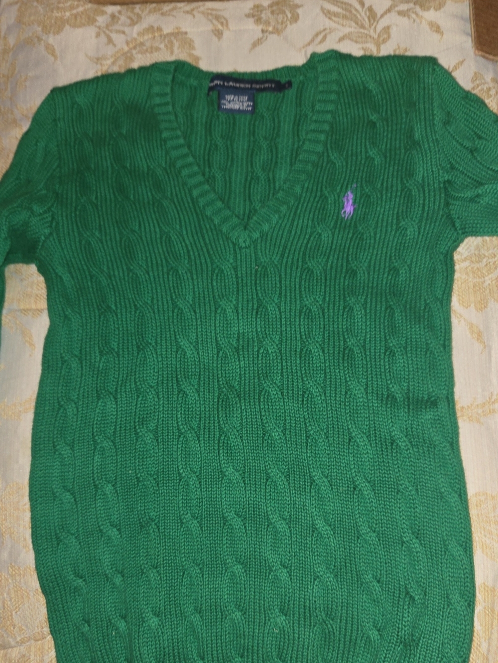 Ralph Lauren Emerald Green Cable-Knit V-Neck Sweater with Purple Pony